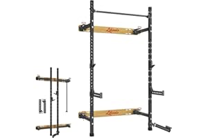 Liksodo 2" x 2" Folding Wall Mounted Squat Rack, 1100 Pounds Capacity Power Rack with Pull Up Bar, J Hooks and Other Attachments, Space-Saving Home Gym Package