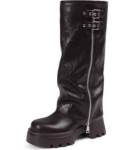 Amazon.com | MissHeel Fold Over Boots with Buckles Mid Calf Riding