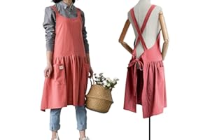 NEWGEM Cotton Linen Cross Back Apron for Women with Pockets for Painting Cleaning Grapefruit Red with Waist Ties