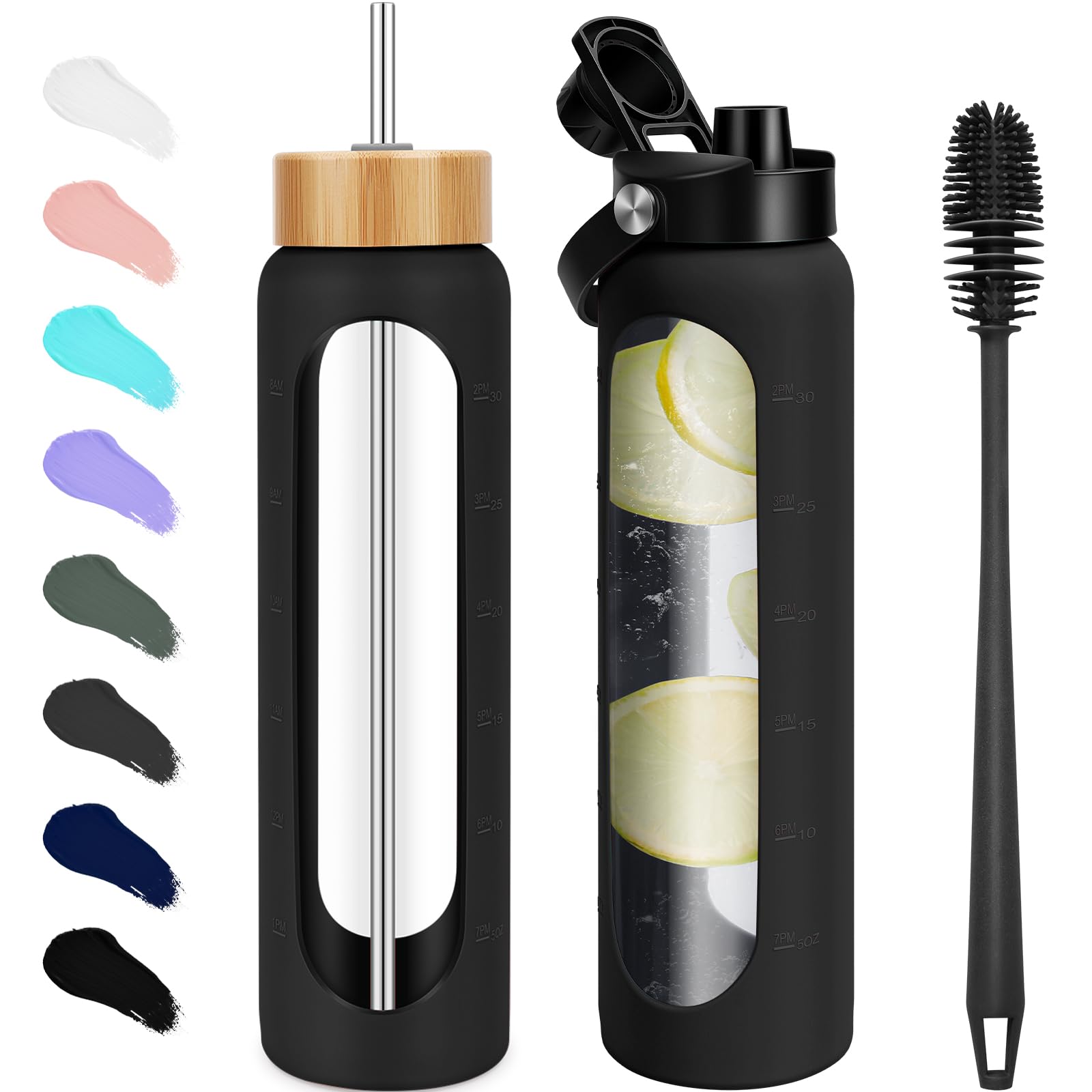 Photo 1 of FULBEVY 32 oz Glass Water Bottles - 1 Liter Motivational Tumbler Water Bottle Time Marker - Borosilicate Glass Water Bottle With Silicone Sleeve and 2 Lids, Handle Spout & Bamboo Straw Lid
