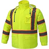 Wuple Men's Hi Vis Rain Jacket & Safety Rain Coat Waterproof Lightweight with Hood, Class 3 Reflective Adult Yellow Work Rain Jacket (L/XL)