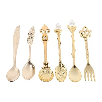 Yosoo 6pcs Retro Weinlese Art Zink Legierung Geschnitzte Kaffee Eiscreme Frucht Nachtisch Löffel Und Gabel (Farbe : Gold)