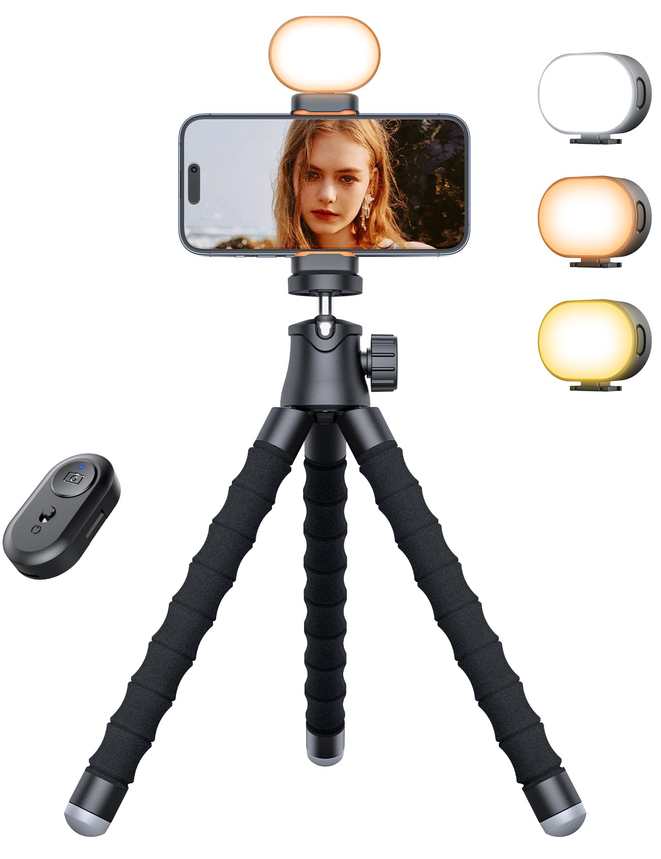 Phone Tripod with Light, Portable and Flexible Phone Stand for Video Recording with Wireless Remote, 360° Rotating Tabletop & Travel Tripods for iPhone, Smartphones, Camera