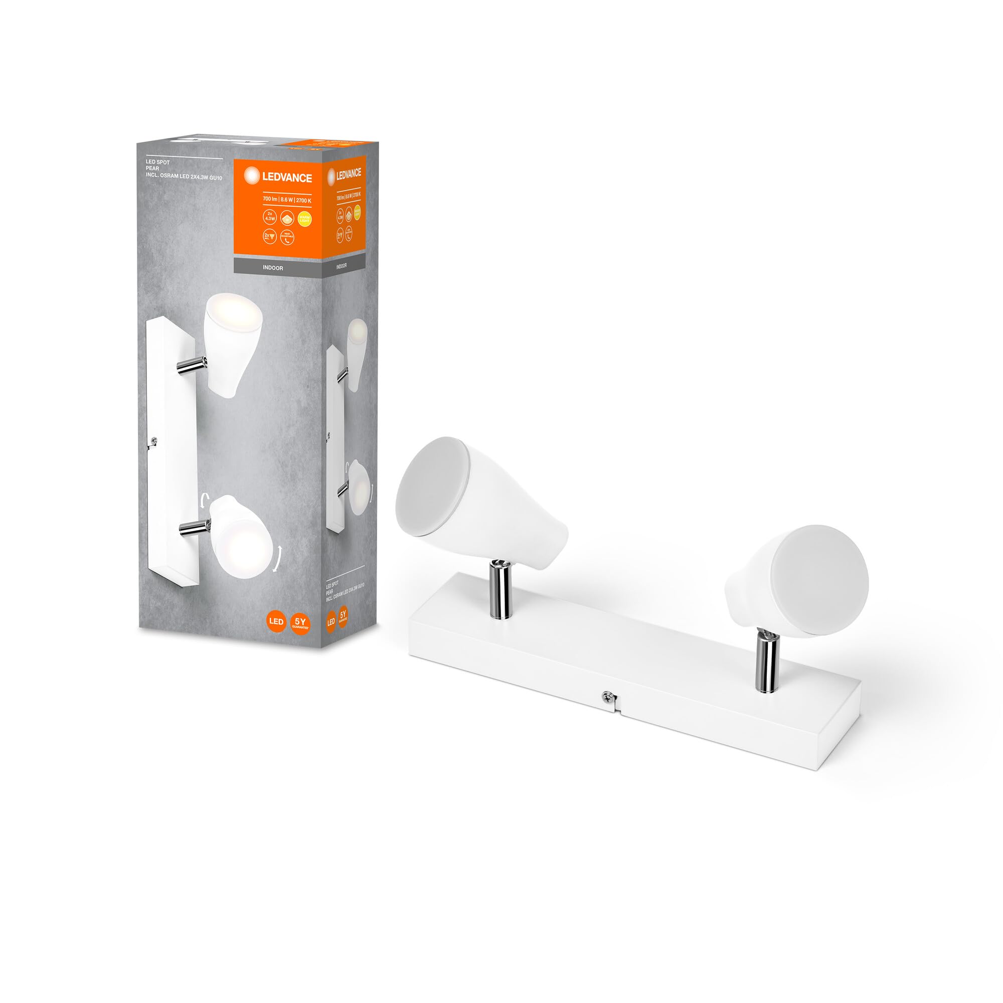 LEDVANCE Led Spot Pear Ceiling-Mounted Spot 260Mm, White, 8.6W, 420Lm, Directional Light with Warm White Light Color, with Flexible Gu10 Head, Gu10 Lamp Included, Ip20, 2700K