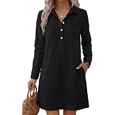 ANRABESS Women's Long Sleeve Striped Fall Shift Shirt Dress | Button Up Polo Collar Tunic Short Dresses with Pockets, Color Block Hem Regular Fit, Office Casual Clothes, All Season Outfit