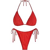 ZAFUL Textured Halter Bikini for Women 2 Piece Triangle Bikini Sets Sexy High Cut Bathing Suit Side Tie Swimsuits