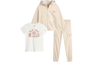 DKNY Girls Pants Set - 3 Piece Graphic Tee, Zip Up Hoodie and Jogger Sweatpants for Girls - Cute Matching Kids Sweatsuit Set