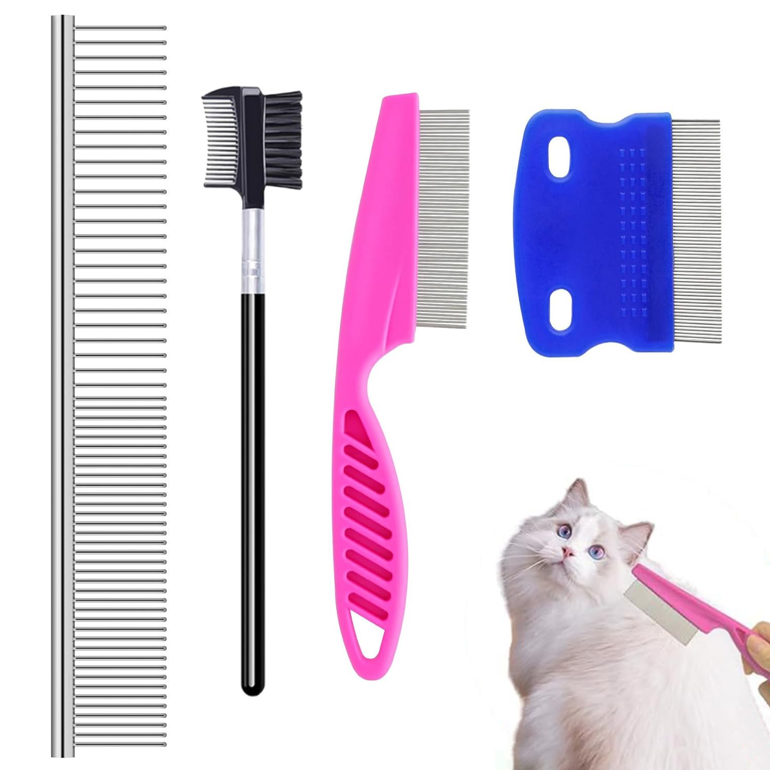 SYEYCW 4 Pcs Flea Comb, Flea Lice Comb, Stainless Steel Dog Cat Grooming Combs, Grooming Comb Kit, for Tear Stain Remover, 2-in-1 with Round Teeth to Remove Knots Crust Mucus, for Small Dogs Puppies
