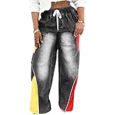 Angsuttc Baggy Wide Leg Jeans for Women Color Block Patchwork Denim Pants with Drawstring Elastic Waist