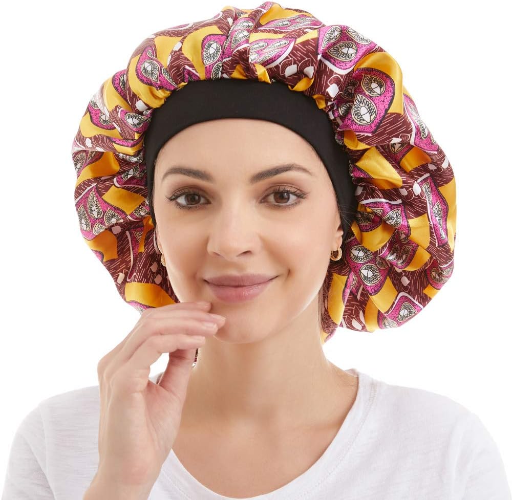 Large Satin Sleep Cap Silk Elastic Night Sleeping Hat Bonnet Nightcap Head Cover with Comfortable Wide Band for Women (TW-5)