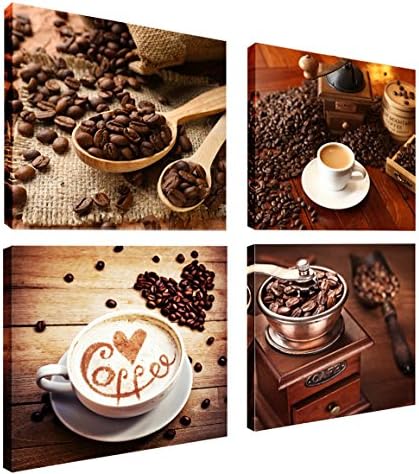 Crogyeya Coffee and Coffee Bean Food Picture Modern Giclee HD Artwork for Shop Kitchen Decoration Frameless Print Painting for Wall Decoration 12x12inchx4pcs