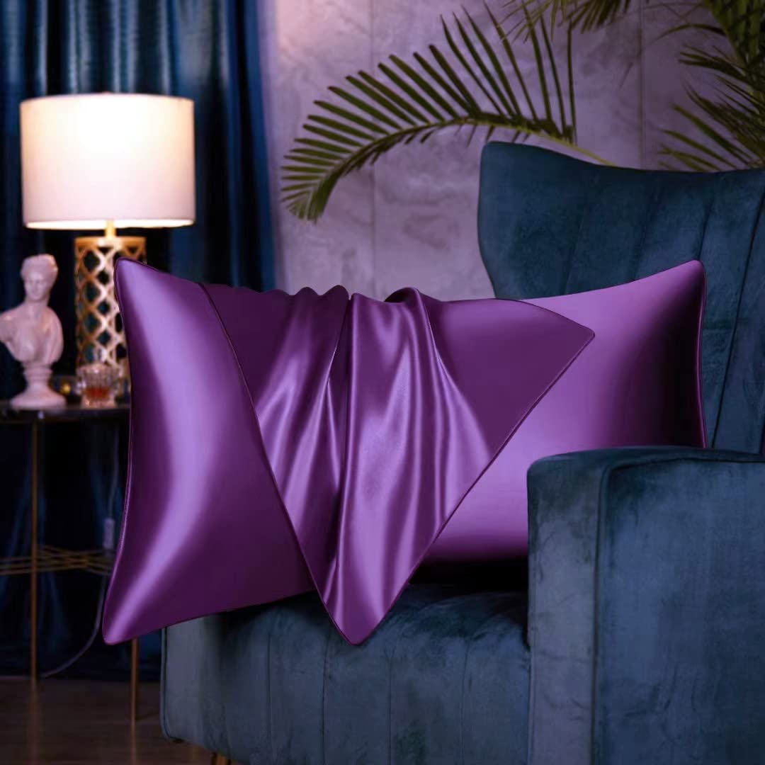 Juwenin Home Both Sides Luxury Mulberry Silk Pillowcase 19 Momme Soft Breathable Avoid Facial Wrinkles Hidden Zipper 1pc/pack 100% Pure Natural Silk (Purple, Standard 50x75cm)