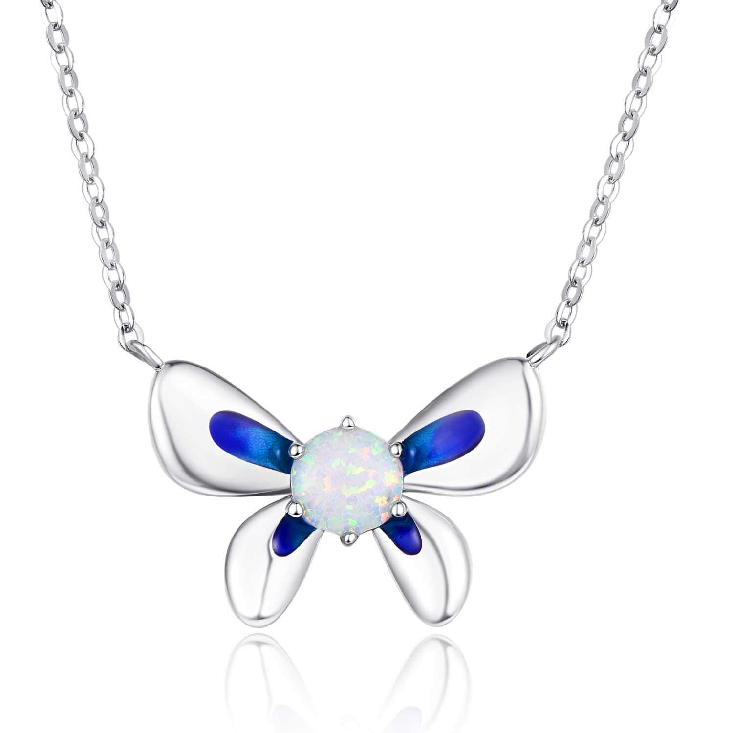 TANGPOET Butterfly Necklace 925 Sterling Silver Opal Necklace Butterfly Pendant Valentines Day Jewellery Gifts for Women Ladies Girls
