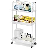 KINGRACK 3-Tier Rolling Utility Cart with Wheels, Metal Slim Storage Cart, Multifunctional Storage Organizer, Rolling Storage Cart for Kitchen, Office, Bathroom, Narrow Place, White