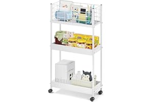 KINGRACK 3-Tier Rolling Utility Cart with Wheels, Metal Slim Storage Cart, Multifunctional Storage Organizer, Rolling Storage Cart for Kitchen, Office, Bathroom, Narrow Place, White