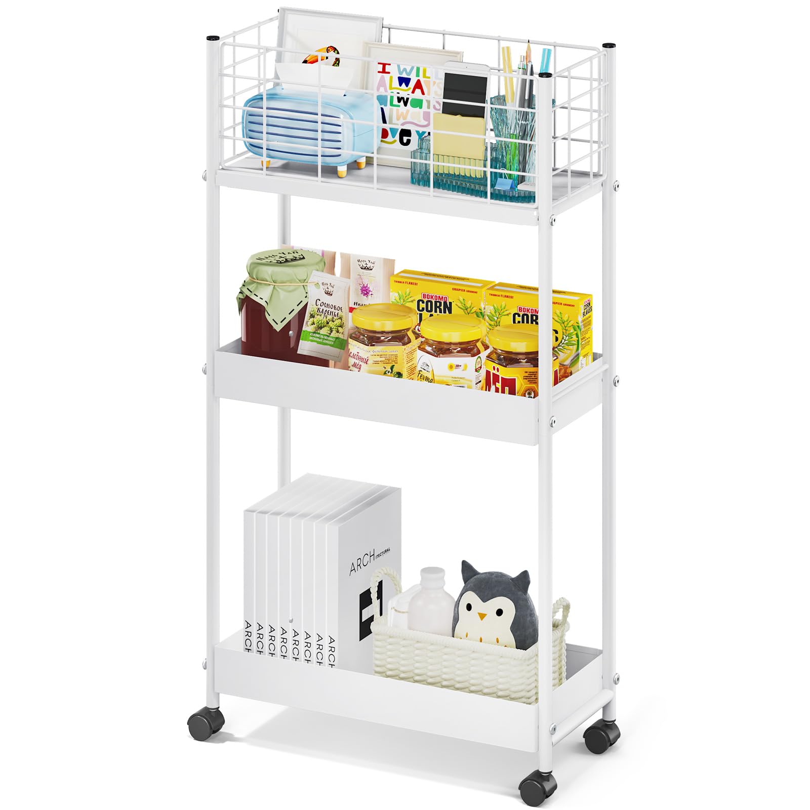 Photo 1 of KINGRACK 3-Tier Rolling Utility Cart with Wheels, Metal Slim Storage Cart, Multifunctional Storage Organizer, Rolling Storage Cart for Kitchen, Office, Bathroom, Narrow Place, White
