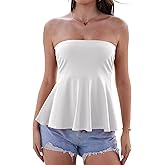 DYLH Pima Cotton Tube Tops for Women Summer Strapless Flowy Ruched Shirts Ruffle Hem Cute Going Out Bandeau