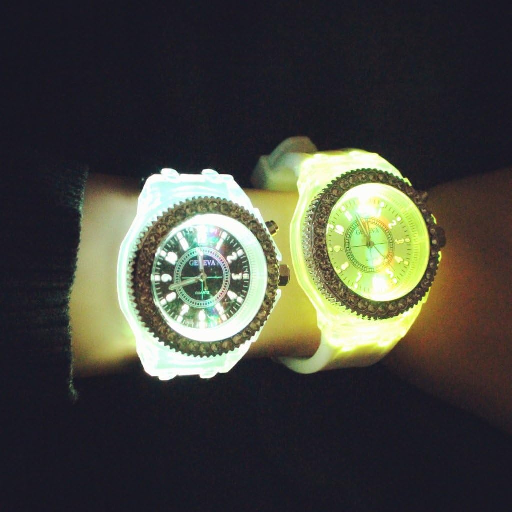 Fanmis Children Students Sport Rhinestone LED Flashing Light up Color Changing Silicone Jelly Watch White: Watches