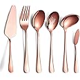 6-Piece Copper Serving Flatware Silverware Set,Stainless Steel Serving Utensil Set,Include Cake Server, Slotted Serving Spoon, Serving Spoon, Cold Meat Fork, Butter Knife, Soup Ladle