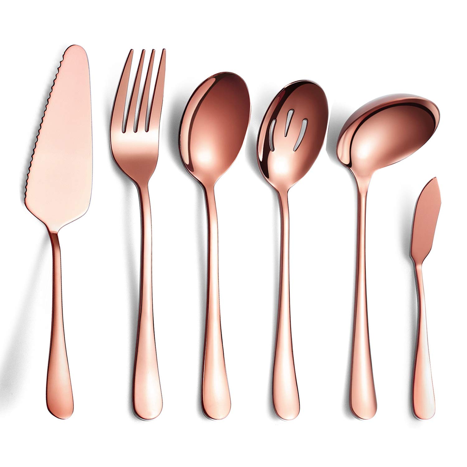 HOMQUEN 6-Piece Copper Serving Cutlery Silverware Set,Stainless Steel Serving Utensil Set,Include Cake Server, Slotted Serving Spoon, Serving Spoon, Cold Meat Fork, Butter knife, Soup Ladle