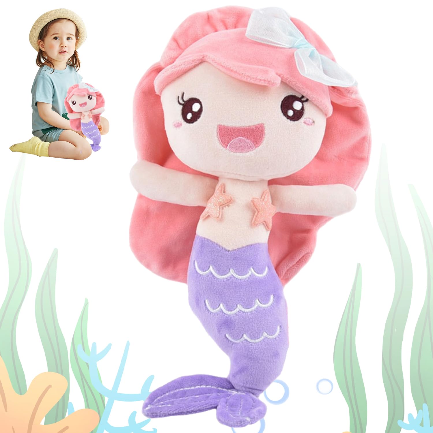 WELLXUNK Mermaid Plush Toy, Mermaid Stuffed Doll for Kids, Mer-maid Soft Toy, Cartoon Plush Toys, for Boys Girls Kids（Purpl ）