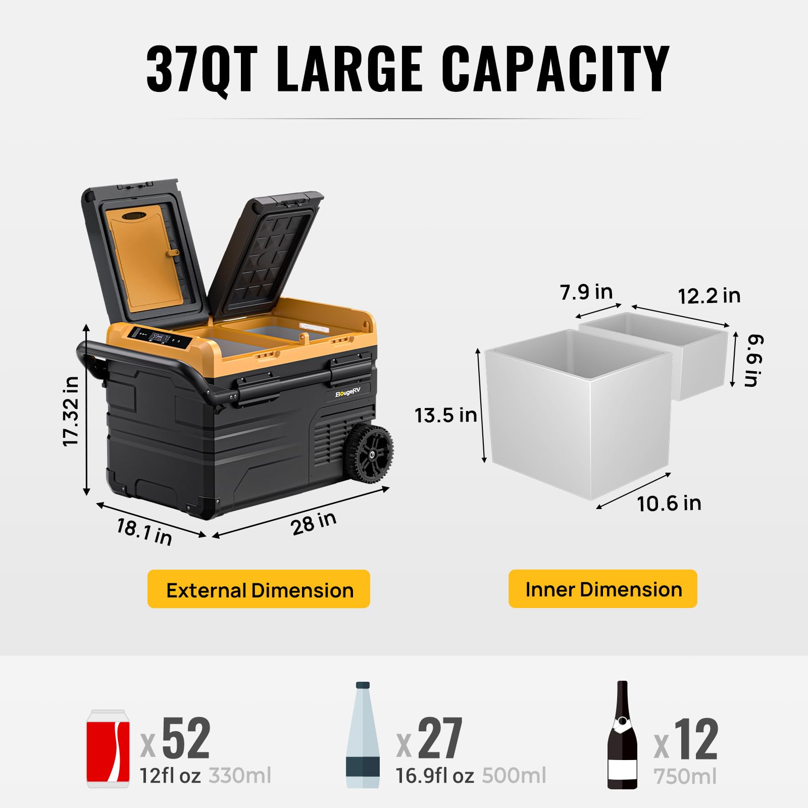 BougeRV 12 Volt Car Refrigerator Dual Zone, Electric Cooler Portable Freezer Fridge APP Control, CRD35 (35L) Compressor Freezer 12V/24VDC 110~240V AC, for Truck Van RV SUV Boat Travel Camping Road