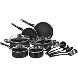 Amazon Basics Non-Stick Cookware 15-Piece Set, Pots, Pans and Utensils, Black