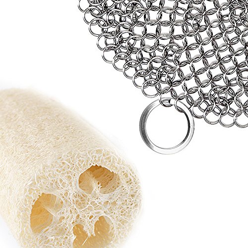 Cast Iron Cleaner&Natural Loofah, Danlit 7"x7" Stainless Steel 316L Chainmail Scrubber&Cookware Cleaner, for Pan Pre-Seasoned, Dutch Ovens, Cookie Sheet, Tortilla Press, Hibachi, Cornbread, Pie Pan