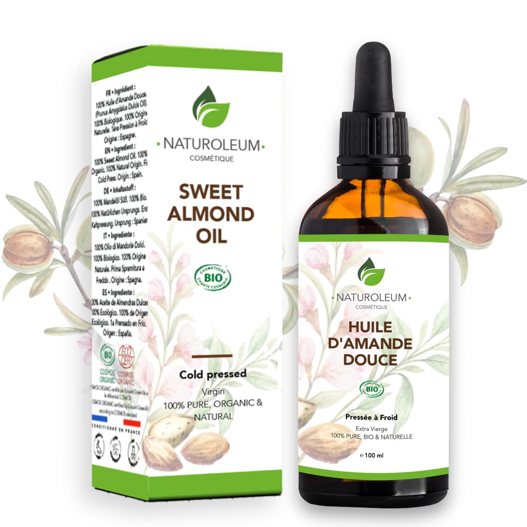 100% ORGANIC GENTLE ALMOND OIL, pure and natural, cold pressed - Extra Virgin - nourishing care for body, skin, face, hair Vegan 100ml
