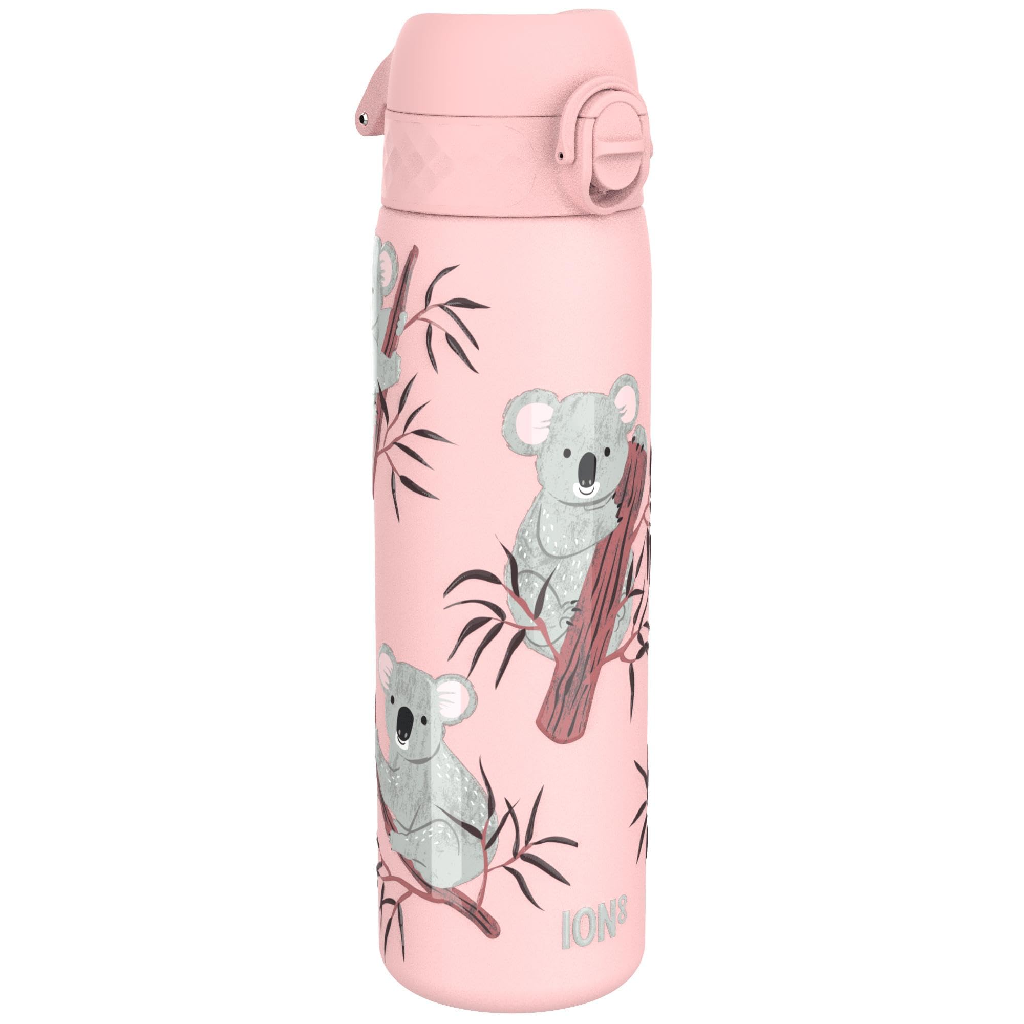 Ion8 Lightweight Steel Water Bottle, 600 ml/20 oz, Non-Insulated, Leak Proof, Easy to Open, Secure Lock, Dishwasher Safe, Flip Cover, Fits Cup Holders, Carry Handle, Metal Water Bottle, Koalas