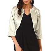 WOMLAYOUT Women's Open Front Shrugs 3/4 Sleeve Beaded Trim Wedding Guest Cocktail Crop Satin Bolero