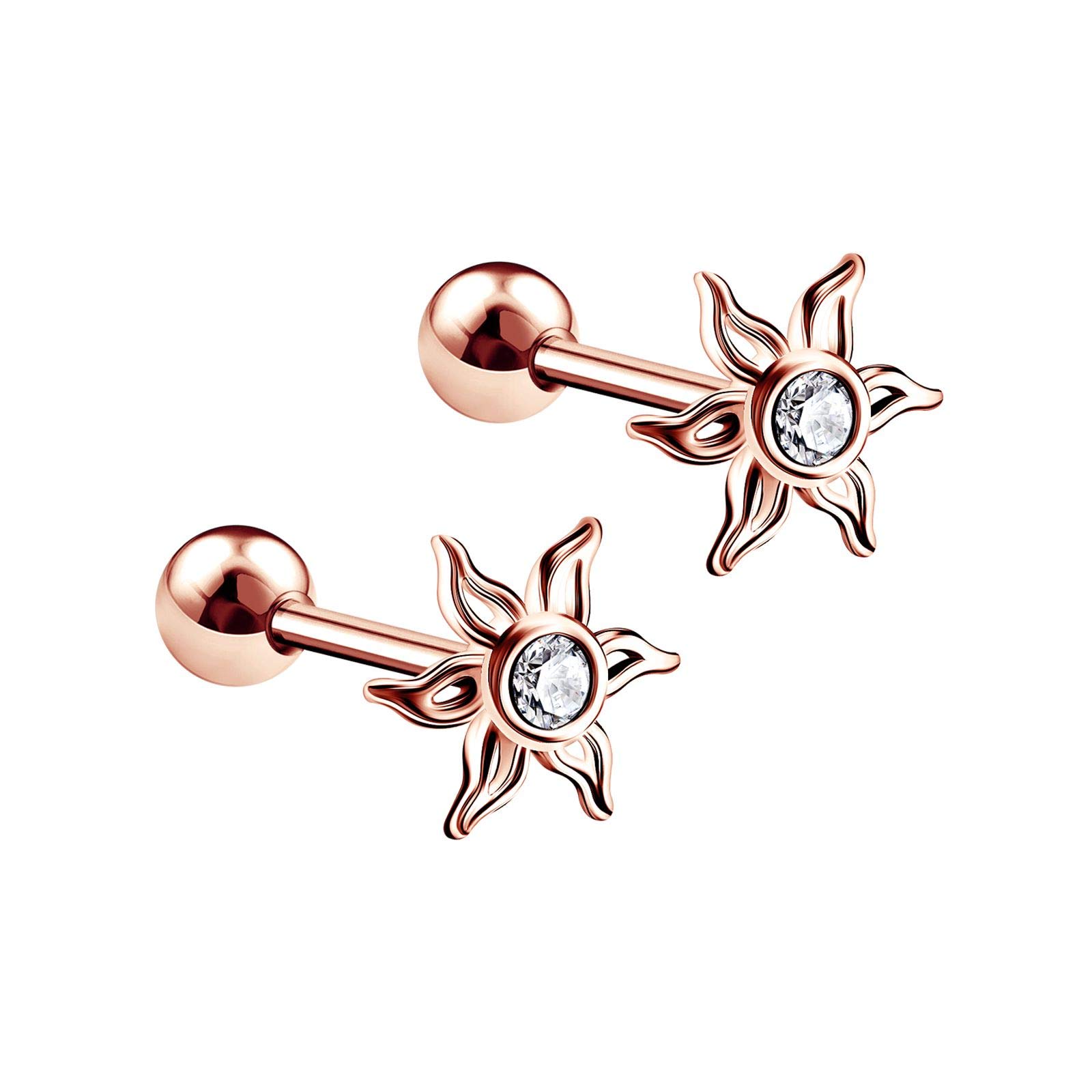 BanaVega 2PCS Anodized Rose Sun Clear Crystal Ear Stud 16g 1/4 6mm Barbell Tragus Cartilage Helix Earrings Piercing Jewellery 5639