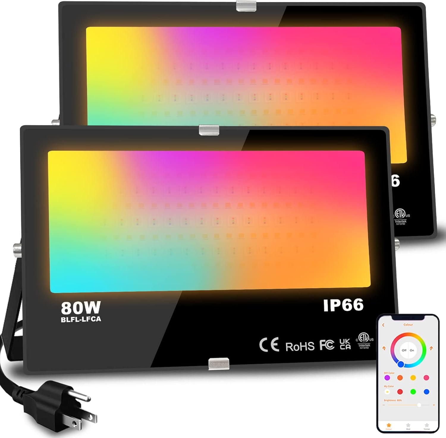 Lighting - MELPO LED Flood Light Outdoor 800W Equivalent 8000LM Smart RGB Landscape Lighting with APP Control, DIY Scenes - Timing - Warm White 2700K - Color Changing Uplight, IP66 Waterproof US Plug (2Pack)