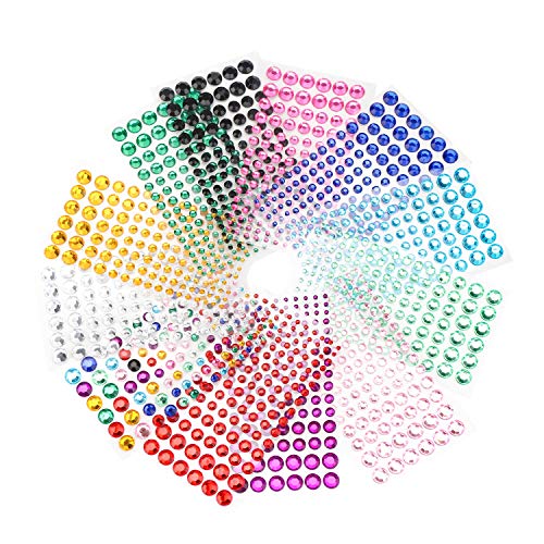 12 Sheets Gem Stickers, Gartful Colorful Round Rhinestone Stickers for Crafts Self Adhesive Jewel Sticker for Makeup, Nail, Craft & Art Project, Festival, 6 Sizes (3mm, 4mm, 5mm, 6mm, 8mm, 10mm)