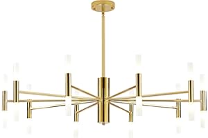 BOKT Mid Century Gold Sputnik Chandelier Large 20-Lights LED Chandelier Semi Flush Mount Ceiling Light Contemporary Round Dining Room Island Pendant Light Fixture