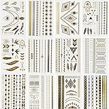 BeneU Bachelorette Temporary Tattoos Body Art Stickers Waterproof Removable Metallic Shiny Jewelry Tattoos High Gloss Shimmer Designs in Gold, Silver, Black 12 Sheets Pack