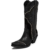 Agodor Black Cowboy Boots For Women Cowgirl Ladies Mid Calf Boots with Classic Studded, Pointed Toe Chunky Heel Pull On Fashion Dress Western Booties US6