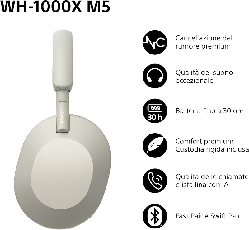 WH-1000XM5 Custodia Rigida |Cuffie Wireless Over-Ear, Noise Cancelling di Nuova Generazione con Spatial Audio, Fino a 30 Ore di Batteria, Bluetooth, Silver