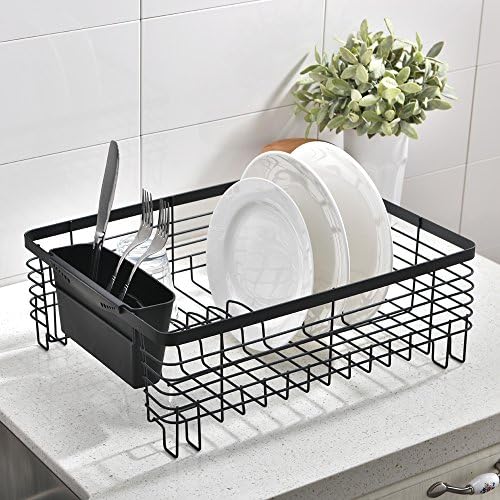 Wtape Modern Steel Rust Proof Kitchen Draining Dish Drying Rack, Black Dish Rack with Detachable Plastic Cutlery Cup