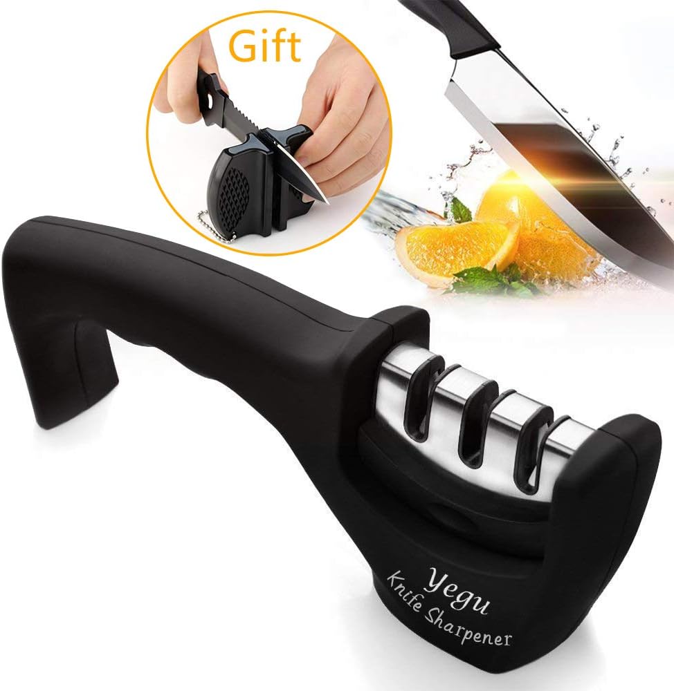 YEGU Manual Knife Sharpeners, 3-Stage Knife Sharpening Tools for Repair Restore and Polish Knives Blades with 1 More Free Pocket Kitchen Manual Knife Sharpener, Safety and No-slip Rubber Base