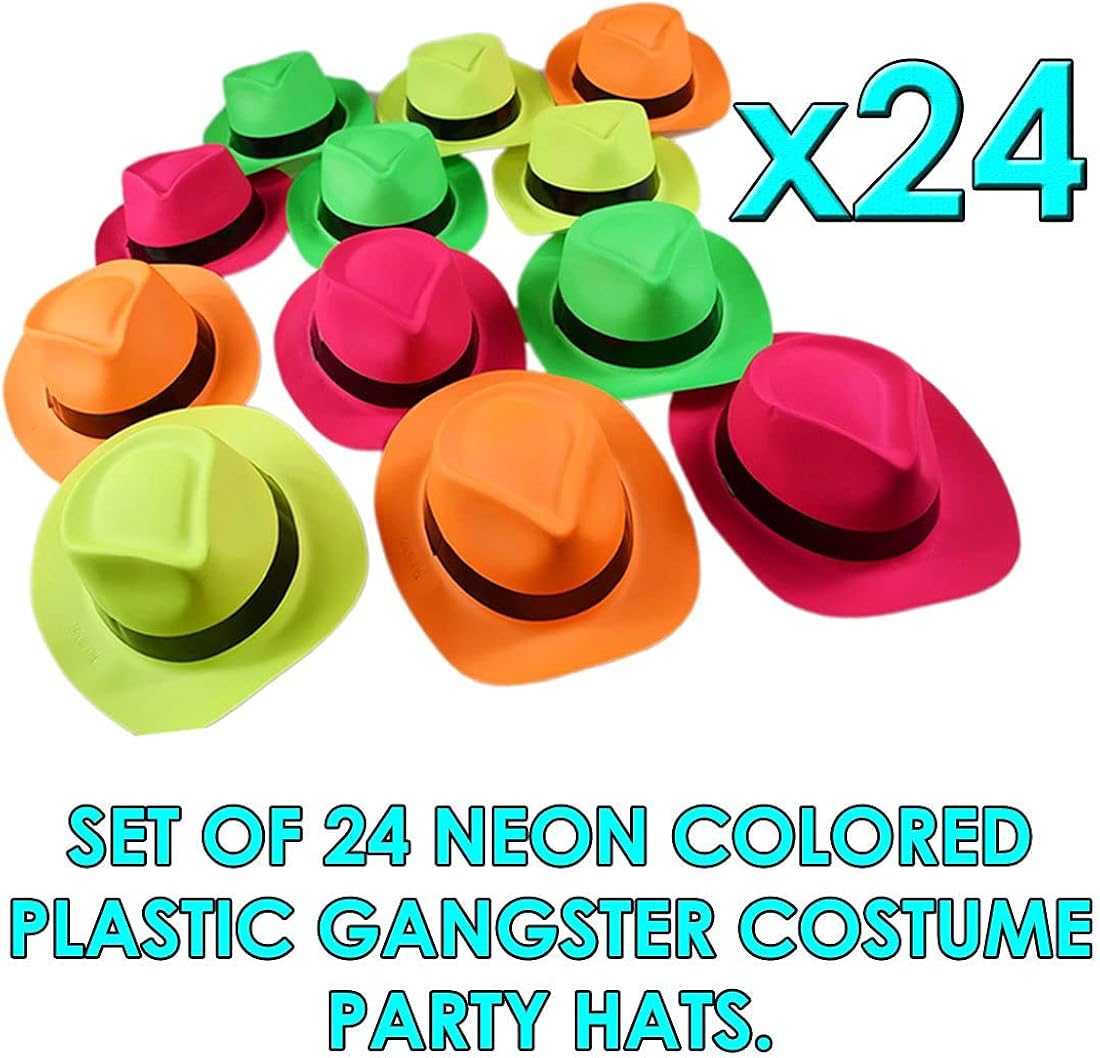 Neon Gangster Hats 24 Assorted Colors Plastic Fedora Dress Up Party Favor Hats Holiday Costume Accessory: Clothing