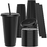 OZMOJOO 24 oz Plastic Cups With Lids and Straws, Sturdy & Food-Safe Iced Coffee Cups With Lid, Plastic Tumbler Reusable, Drinking Cups for Cold Drinks, Milkshakes, Smoothies - Black(12 Sets)