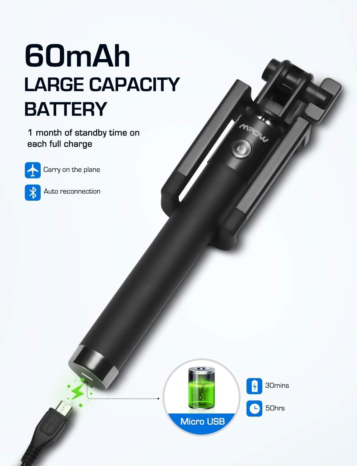 Mpow Selfie Stick, Lightweight Extendable 31.9 Inch Monopod with Bluetooth Remote Compatible iPhone12/12 Pro/SE /11/ Max/ XS/Max/XR/X/8/8P/7/7P/6S, Galaxy S20/S10/ S10 Plus/S9/8/7/6 and More, Black