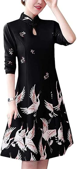 Amazon Co Jp ダーセン ロングワンピース チャイナドレス 立ち襟 長袖 レディース ワンピース 鶴柄 大きいサイズ ドレス 中国風 ファッション Aラインワンピース プリント 膝丈 春 夏 通学 薄手 通気 学院風 服 ファッション小物