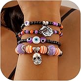 Gmai Halloween Beaded Bracelets Set 3/4 Pack Layered Stretch Beaded Bracelets Bat Skull Gothic Pumpkin Charms Spooky Party Elastic Jewelry for Women