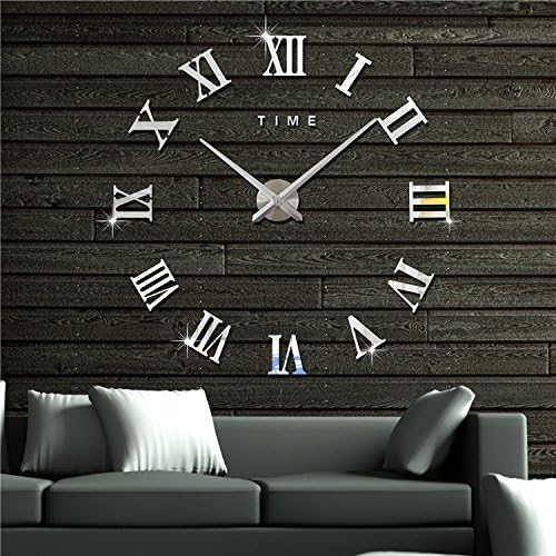 3D DIY Wall Clock Mirror Modern Mute DIY Frameless Wall Clock Acrylic Glass Removable for Office Living Room Home Decoration (A4-Silver)