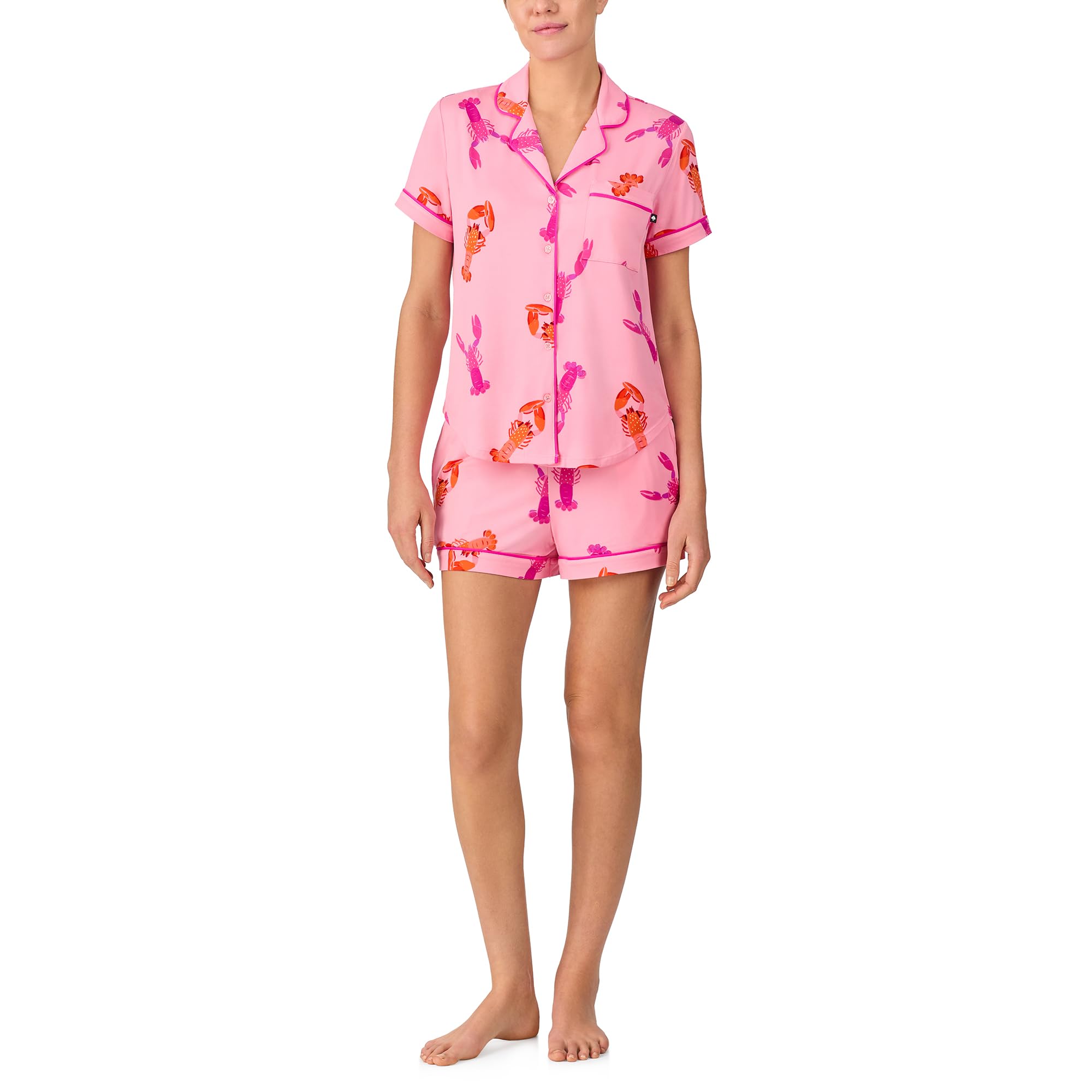 kate spade new york Pajamas for Women 2 Piece Set Comfy Classic Short Sleeve Notch Collar Button Top & Elastic Waistband Shorts, Pink Lobster Dance, Medium