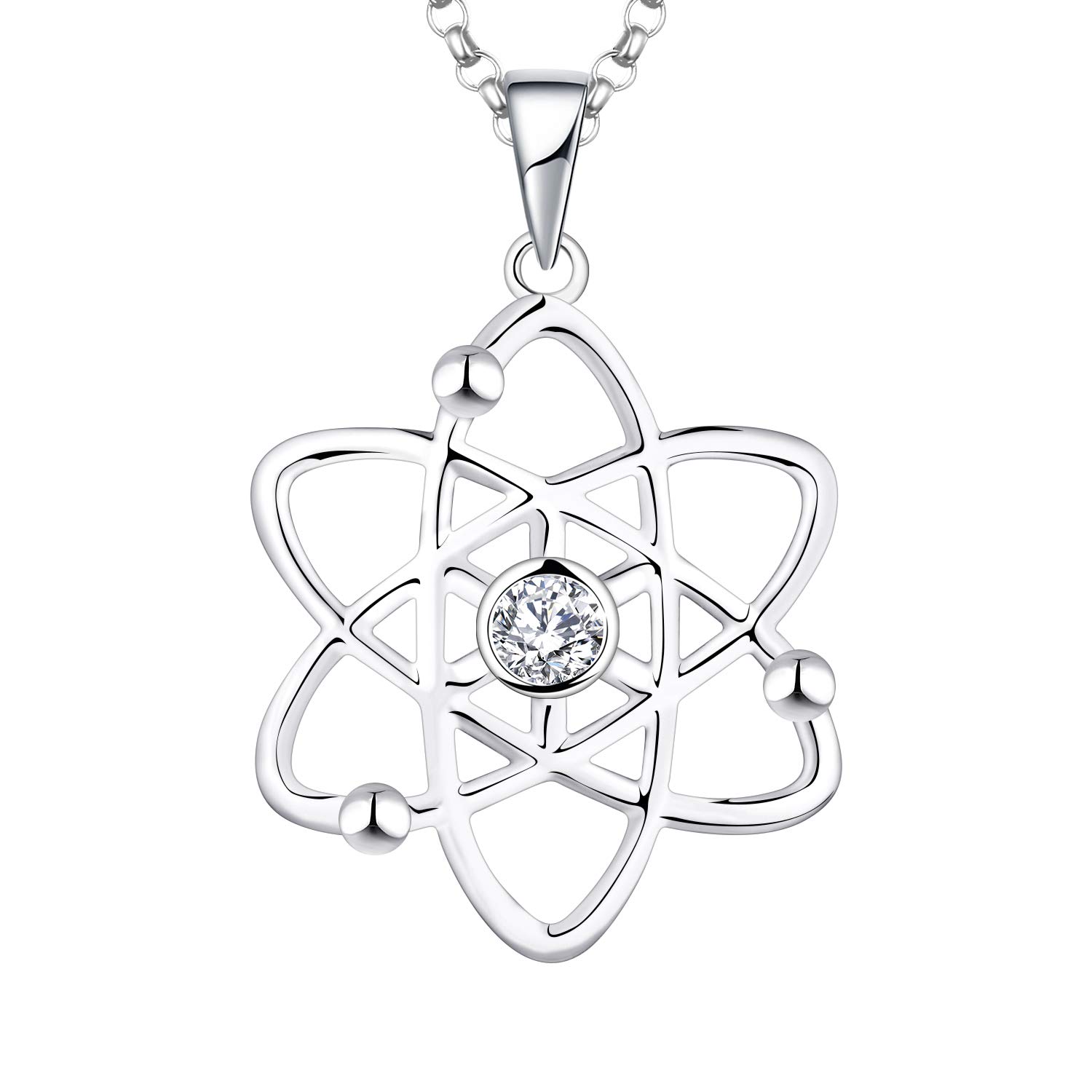 JO WISDOM Women Atom Atheist Necklace,925 Sterling Silver Atomic Atheism Pendant Necklace with AAA Cubic Zirconia,Jewelry gift for Women Girl Mum Mother