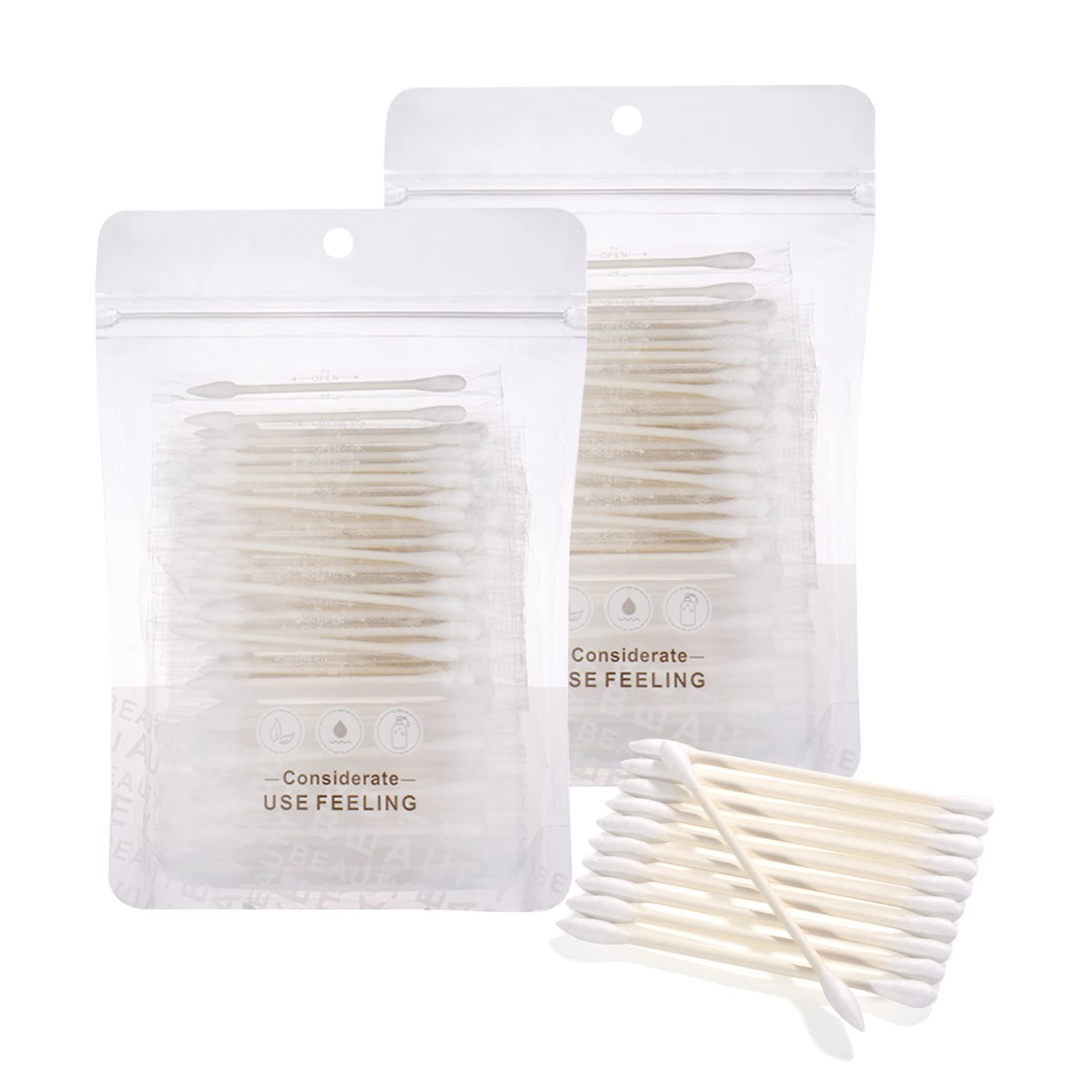 Cotton Swabs, Individually Wrapped Buds, Biodegradable Tip Applicator for Ear, Beauty Care, Cleaning, Makeup - Round and Pointed Shape Heads (200 Count)