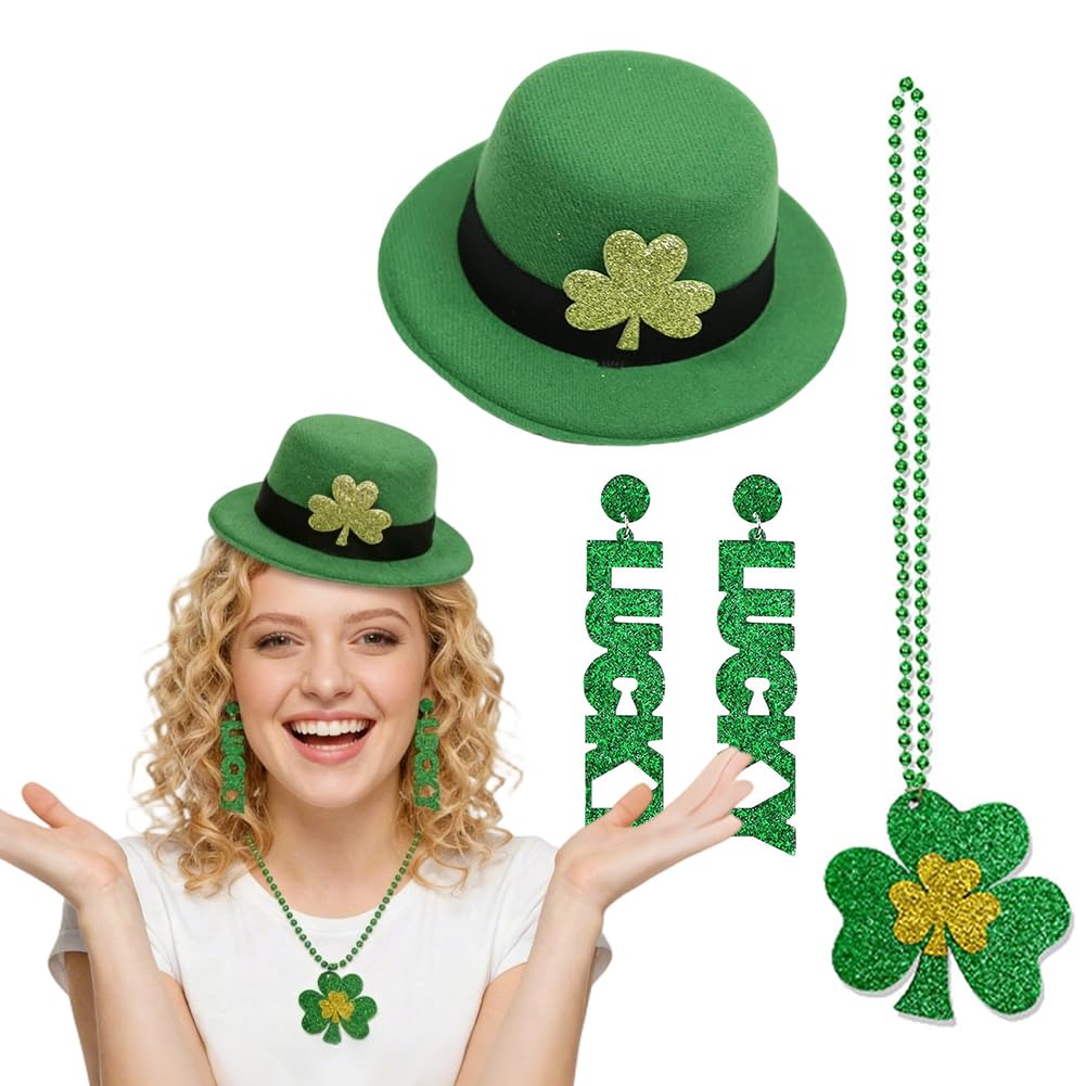 PyrrlicToy St Patricks Day Accessories for Women,3pcs Green Shamrock Hat, Necklace, Earrings St. Patricks Day Party Decorations Dress Up Costumes